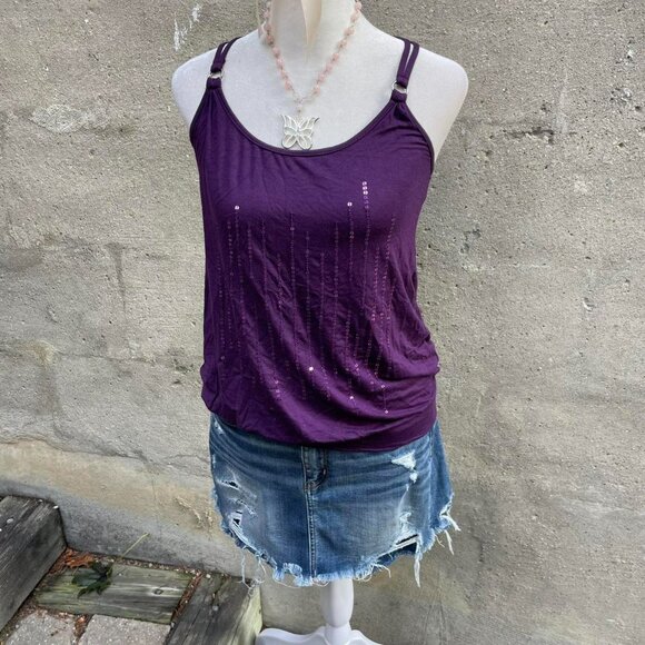 Y2K Purple Sequin Strappy Top - Picture 2 of 8